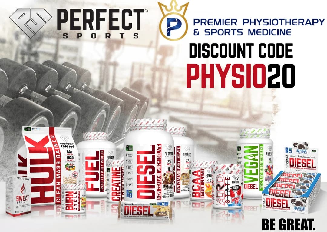 Perfect Sports promotion image with supplements on display with discount code PHYSIO25